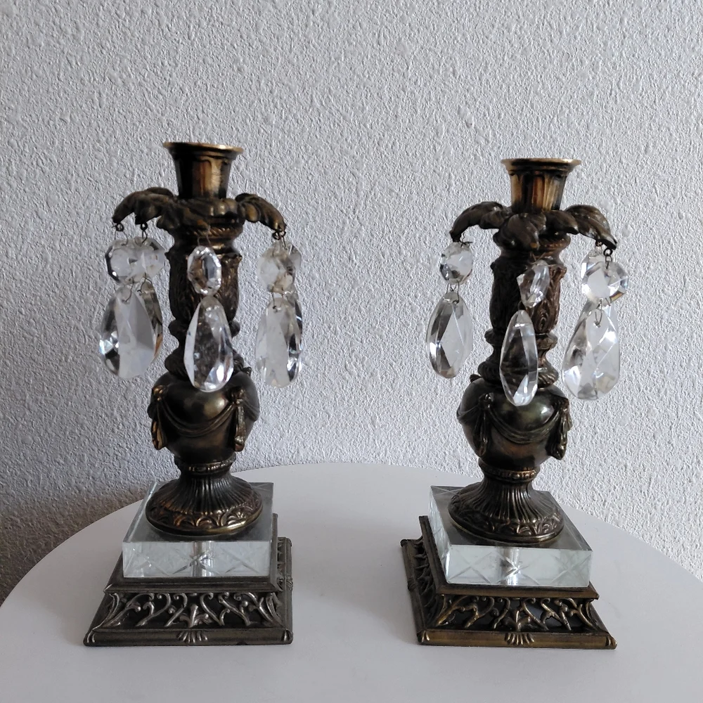 Rare Brass Crystal Glass Set Of 2 Italian Style Hollywood Regency Candle Holders